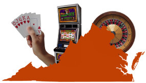 State of Virginia Icon, Hand Holding Poker Cards, Slot Machine, Roulette Wheel