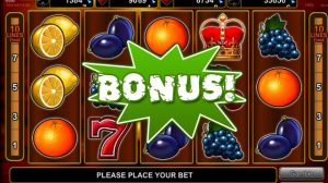 Slot Machine Screen with 10 Paylines, Bonus Text in Green on Top of Screen