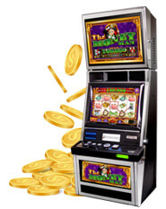 Casino Slot Machine, Gold Coins Falling Into Pile Behind Slot Machine