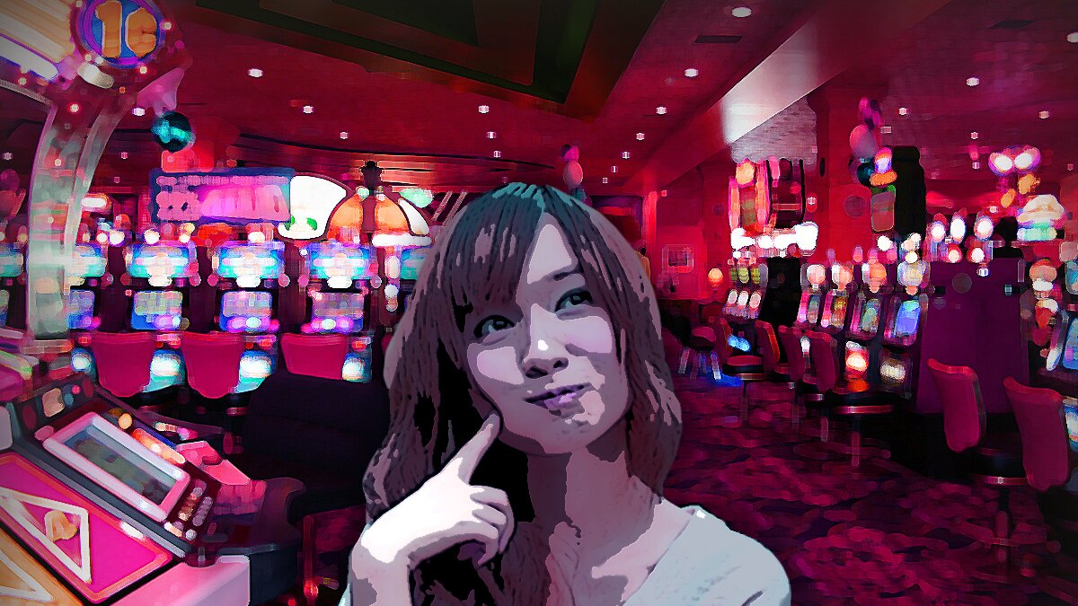 Woman Thinking With Slot Machines in Background