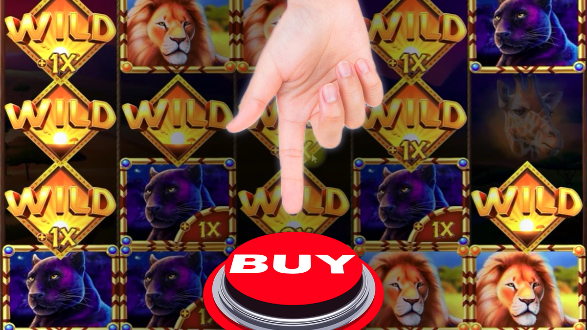 Finger Pointing to Large Buy Button With a Slots Background