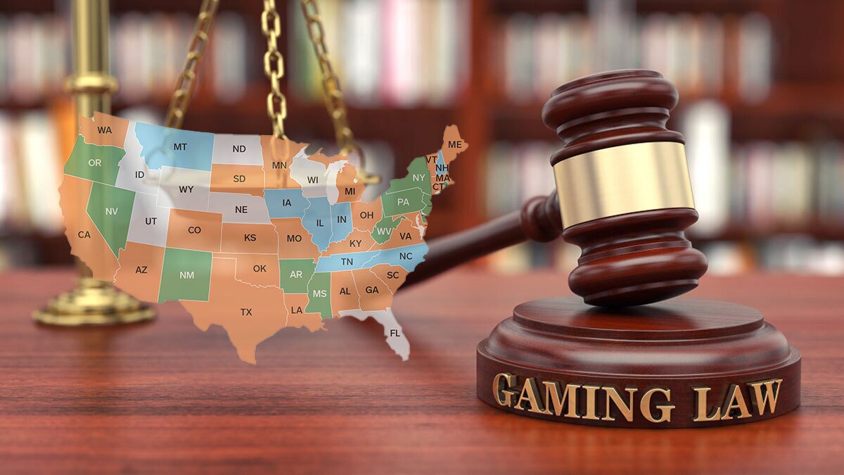 Map of the United States With A Gavel and Gambling Laws Written on it
