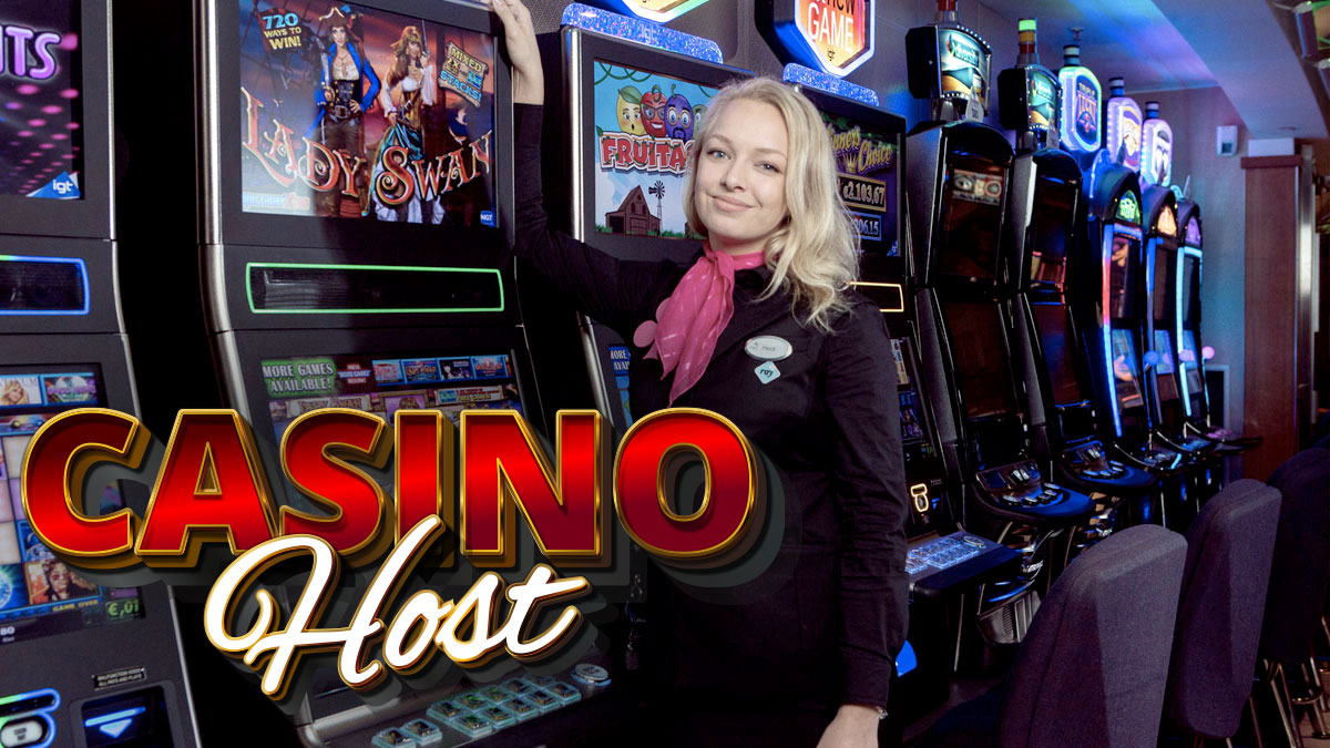 Casino Host Standing Next To Slot Machines