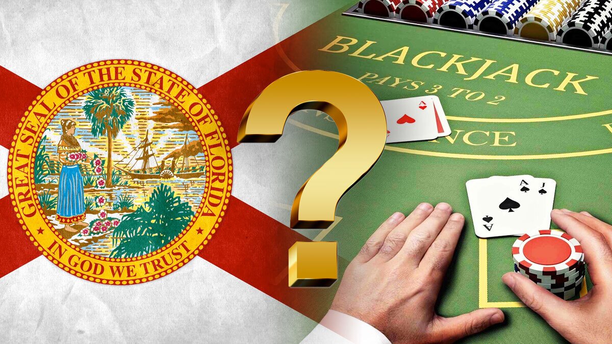 State of Florida Flag on Left and a Blackjack Table on Right