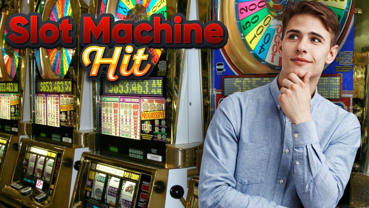 Thinking Man on Right with a Row of Slot Machines on Left