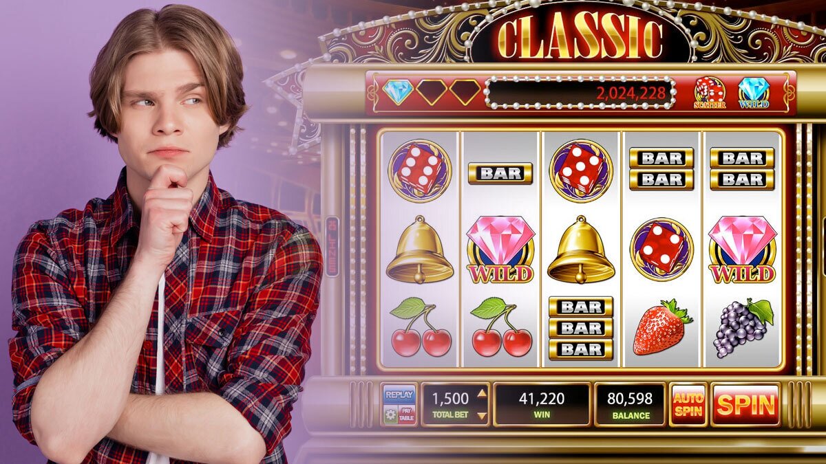 Young Man Thinking on Left Online Slots Screen on Right