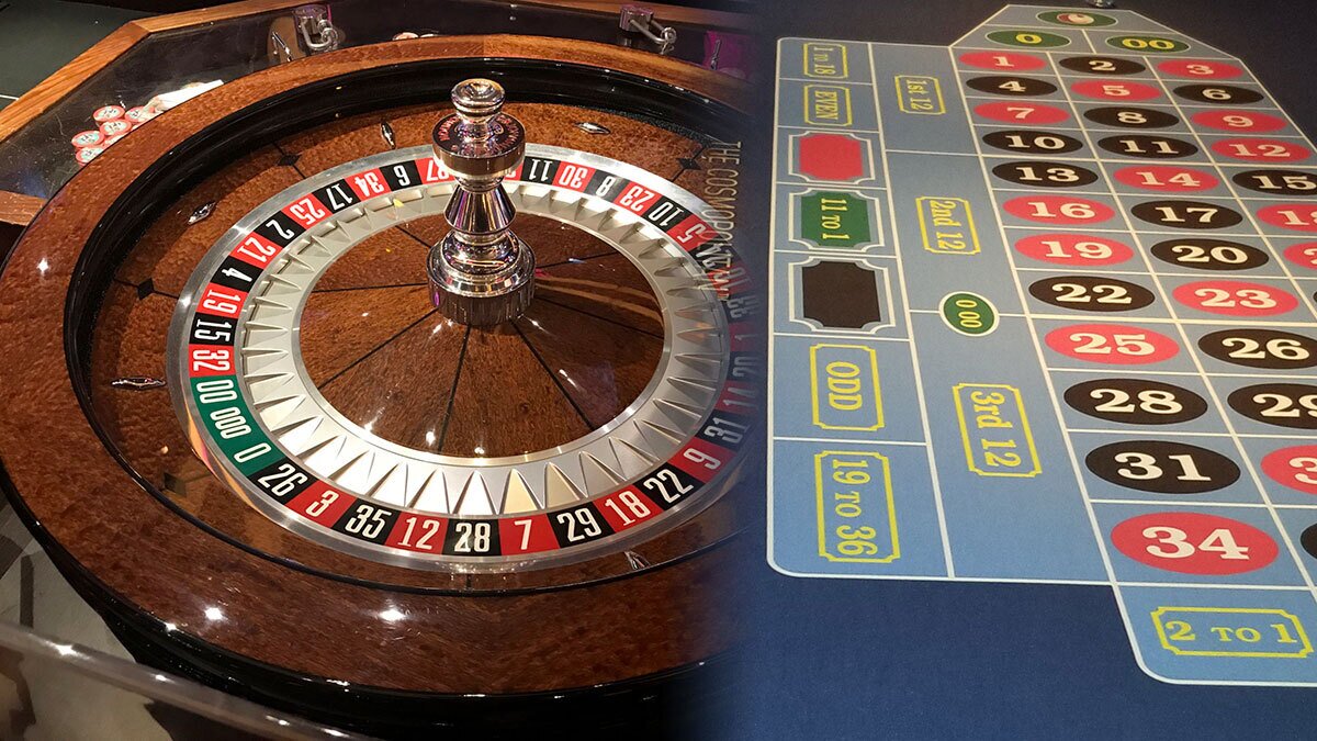 Triple Zero Roulette Wheel on Left and a Roulette Table on Right