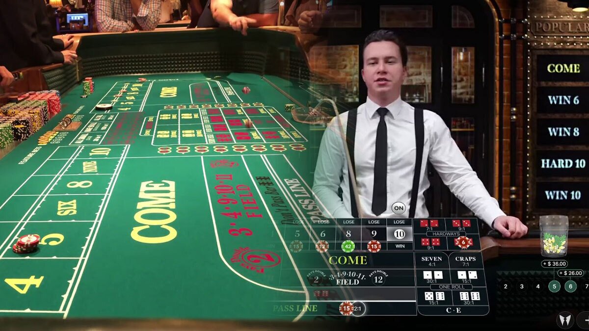 Closeup of a Craps Table on Left and a Online Live Dealer Craps Table on Right