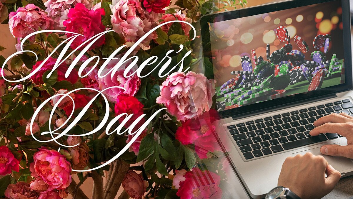 Mothers Day Written in Front of Roses on Left and a Laptop on a Table on Right