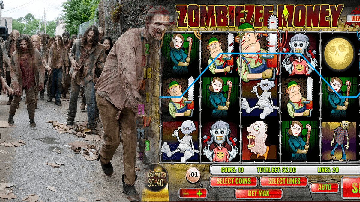 Zombies walking next to an online zombie slot machine game