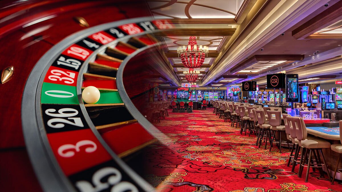 Casino Floor on Right and a Closeup of a Roulette Wheel on Left