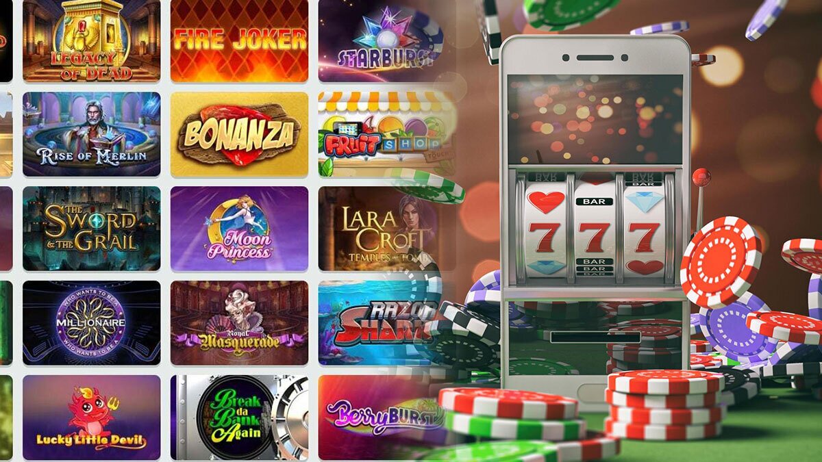 Online Slots Game List on Left and a Mobile Phone With a Slot Reel on Right