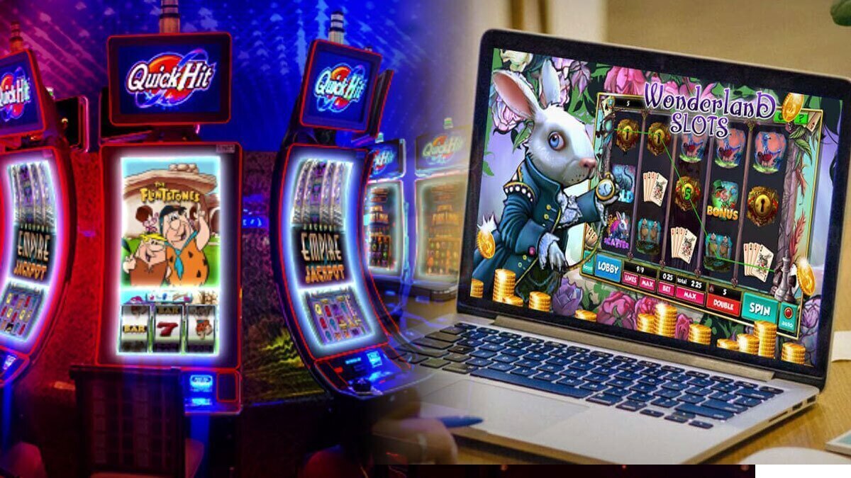 Row of Slot Machines on Left and an Online Slots Game on Right