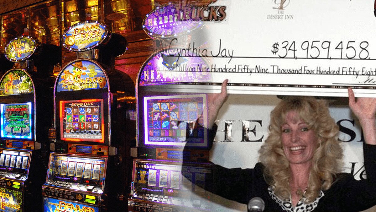 Row of Slot Machines on Left and a Woman Holding a Large Check on Right