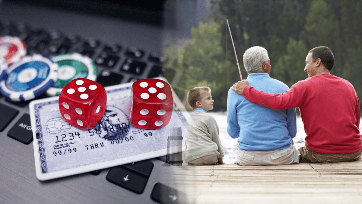 Casino Chips Dice and a Credit Card on a Laptop on Left and Three Men Sitting on A Dock Fishing on Right