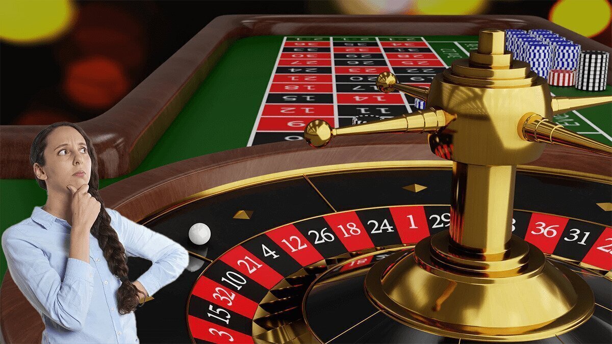 Woman thinking in front of roulette numbers wheel