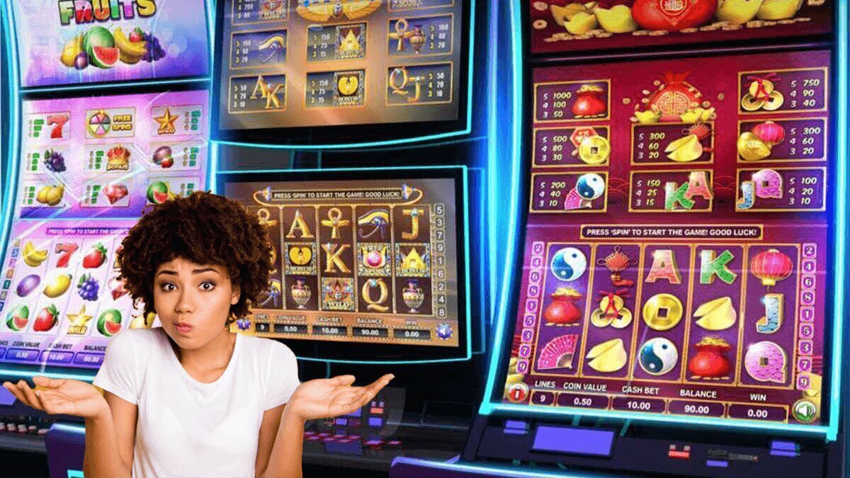 Woman shrugging in front of slot machines - slot tournament guide