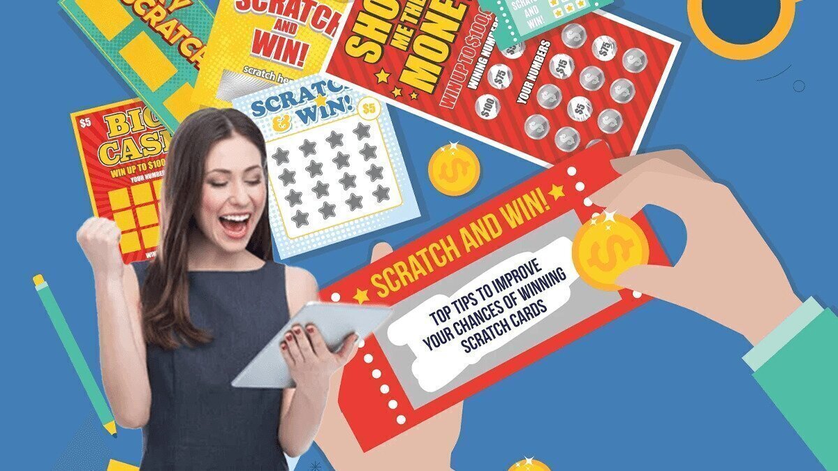 Smiling Woman With Scratch Cards on a Table Behind Her