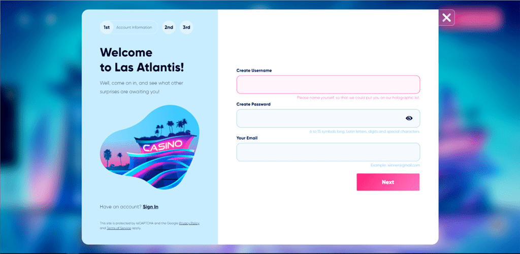 Los Atlantis desktop sign up page