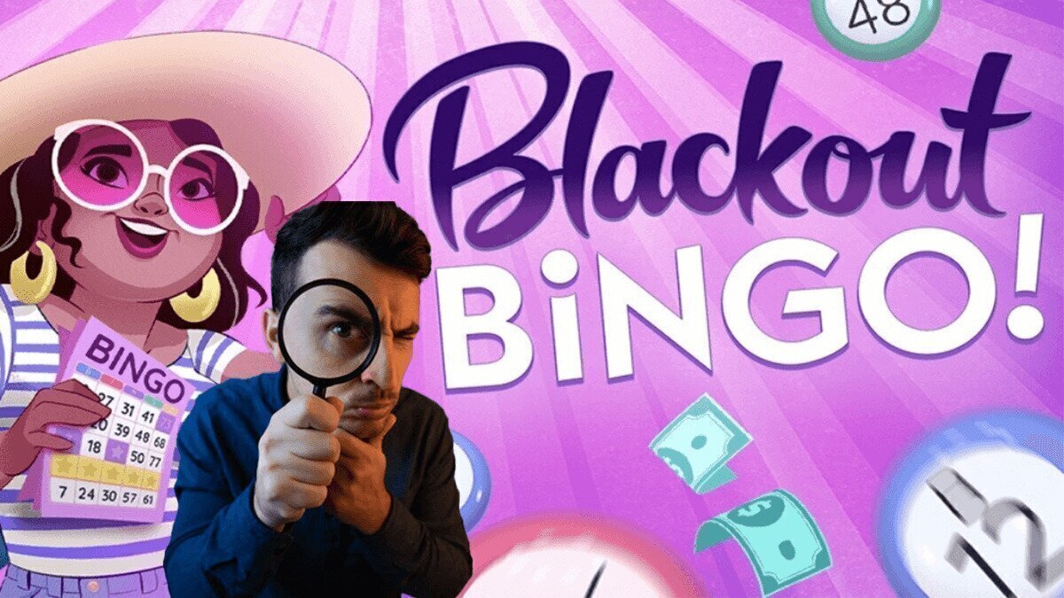 Man with magnifying glass in front of Blackout Bingo advertisement