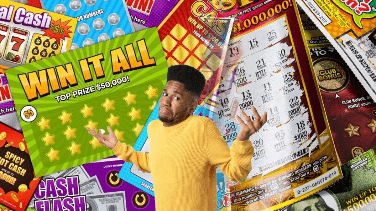 Man Shrugging With Scratch Cards in the Background