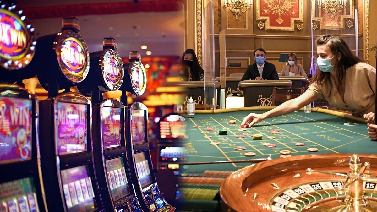 Row of Slot Machines on Left and a Woman Playing at a Roulette Table on RIght