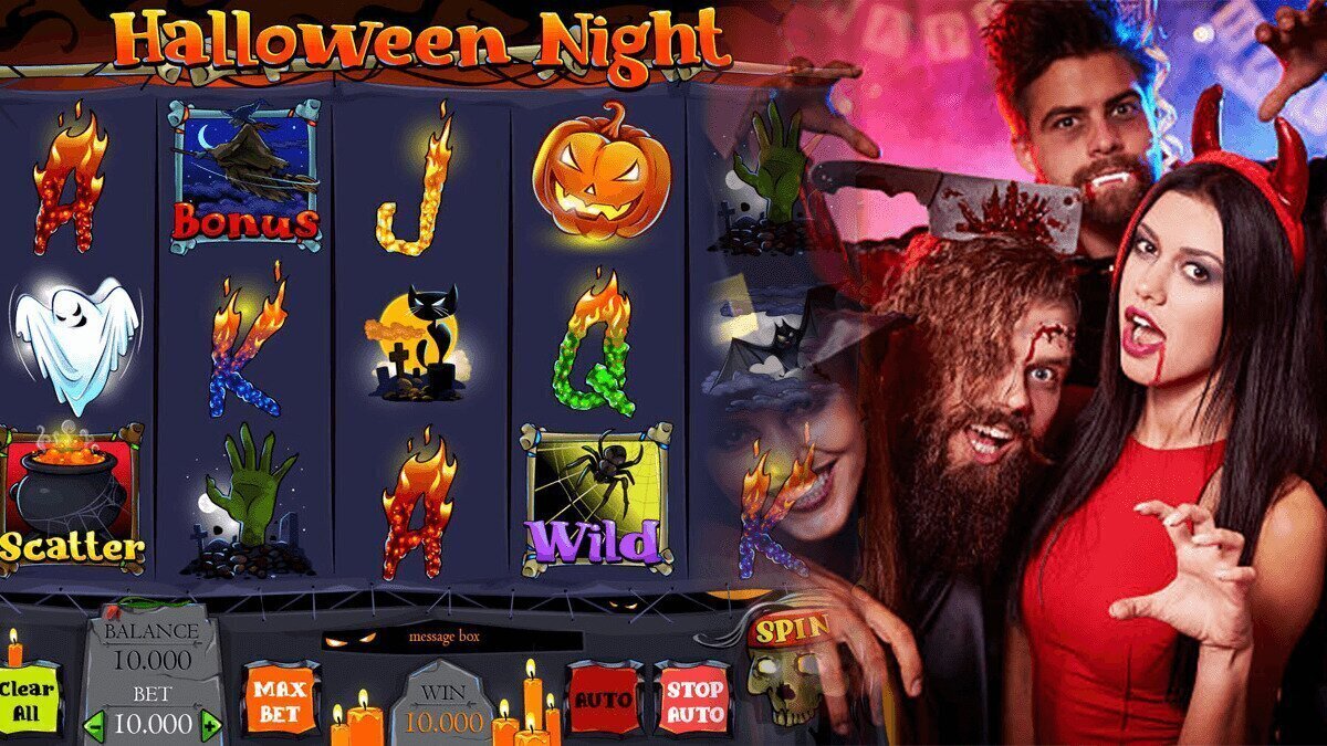 Horror slot game next to people in Halloween costumes