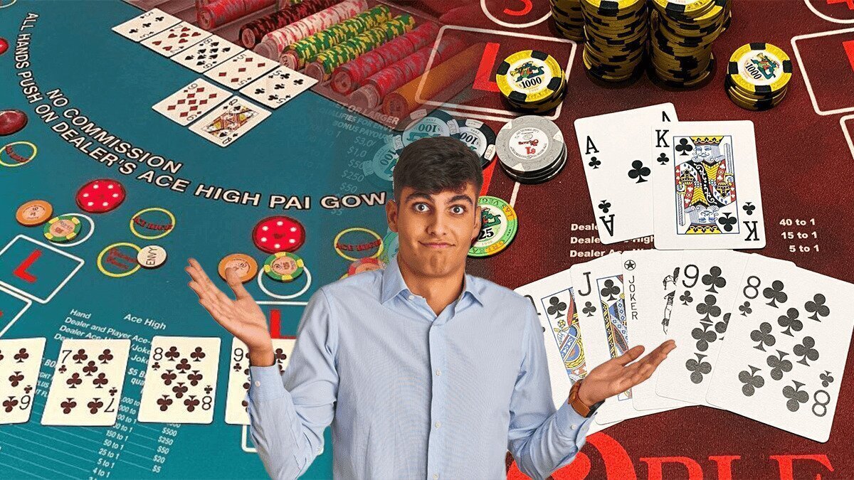 Man Shrugging With Pai Gow Poker Tables In the Background
