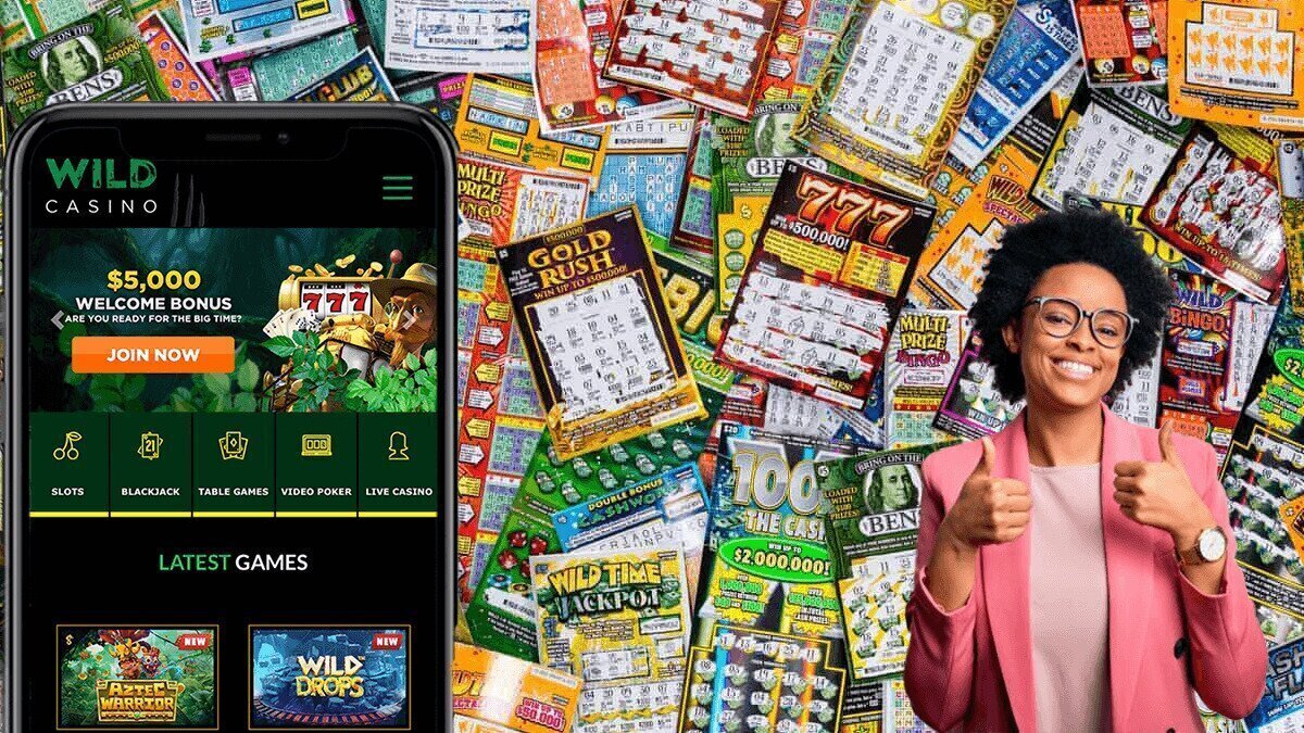 Wild Casino Screen on Left a Pile of Scratch-off Cards on Right and a Woman Showing Thumbs up on Right