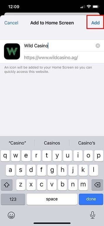 Screenshot from iPhone indicating how to add bookmark to mobile casino