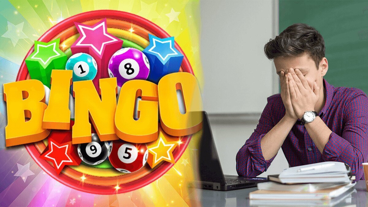 Bingo Logo on Left a Man Playing at a Laptop on Right