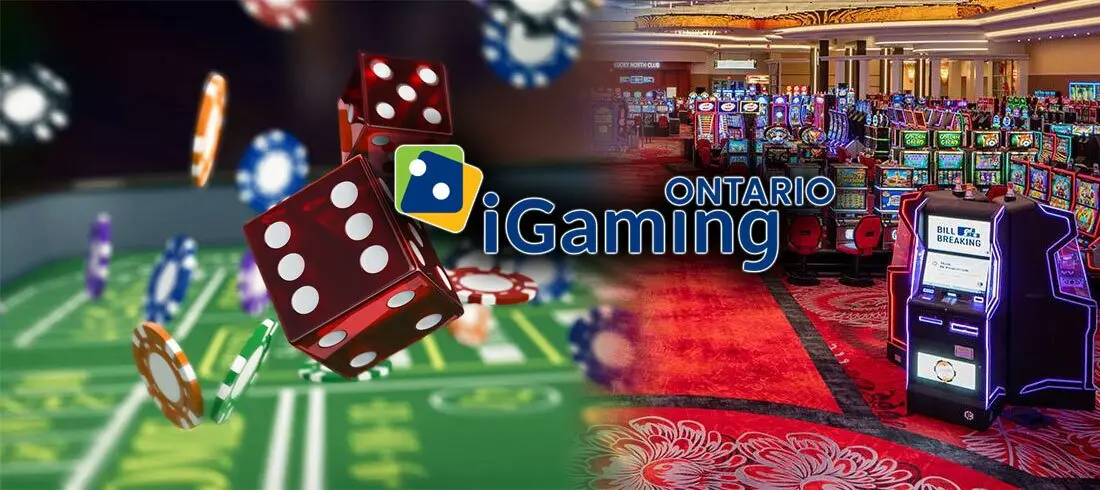 iGaming Logo in the Center With Rows f Slot Machines on the Right and Casino Dice and Chips on the Left