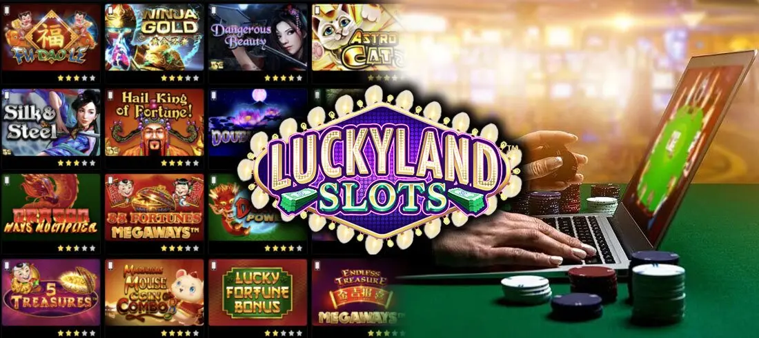 Online Slot Game son the Left and Person Playing Poker on a Laptop on the Right and the LuckyLand Logo in the Center