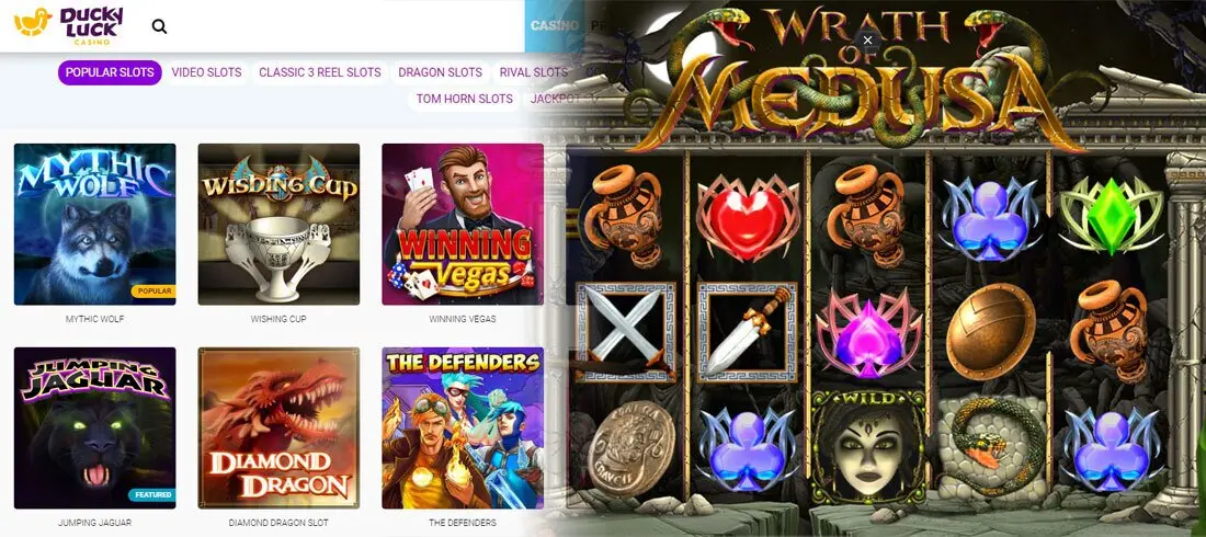 DuckyLuck Online Casino Slots List on the Left and Wrath of Medusa Slots Game on the Right