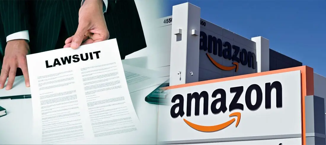 Amazon Facility on the Right and a Lawyer Handing Lawsuit Paperwork on the Left.