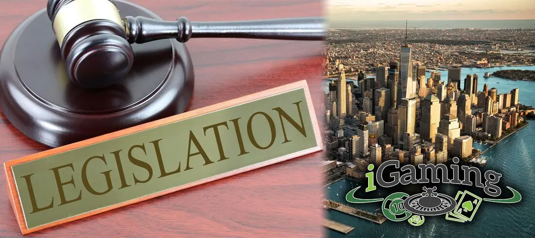 Legislation Written on a Plaque on the Left and the New York Skyline on the Right with the iGaming Logo Underneath